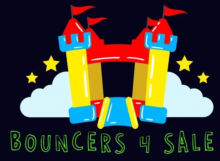 A bouncy castle with stars and clouds in the background.