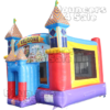 A castle themed inflatable bounce house with slide.