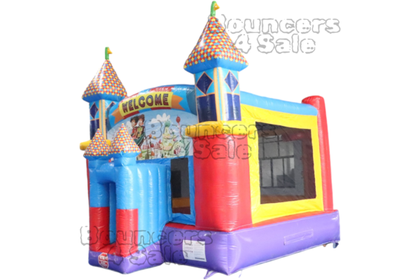 A castle themed inflatable bounce house with slide.