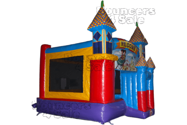 A castle themed inflatable bounce house with slide.