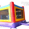 A bounce house with purple handles and a yellow roof.