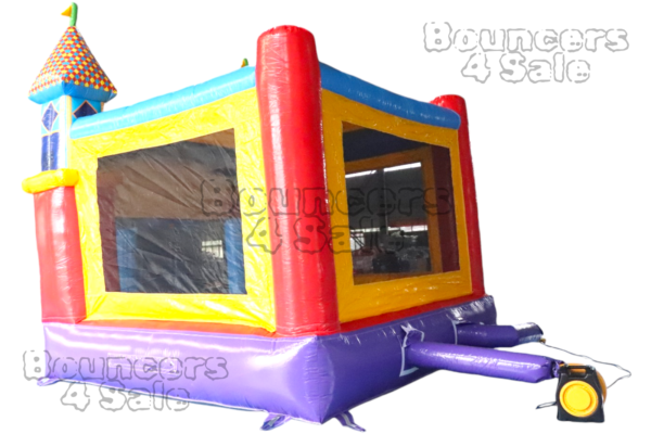 A bounce house with purple handles and a yellow roof.