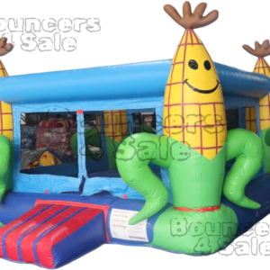 A corn shaped bounce house with many different designs.