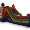 A red, yellow and green inflatable slide.