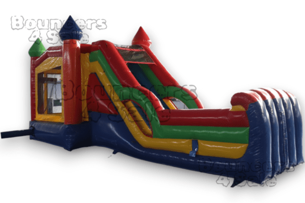 A red, yellow and green inflatable slide.