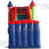 A blue and red inflatable castle with obstacles.