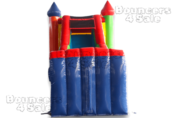 A blue and red inflatable castle with obstacles.