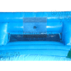 A blue inflatable slide with a black and white design.