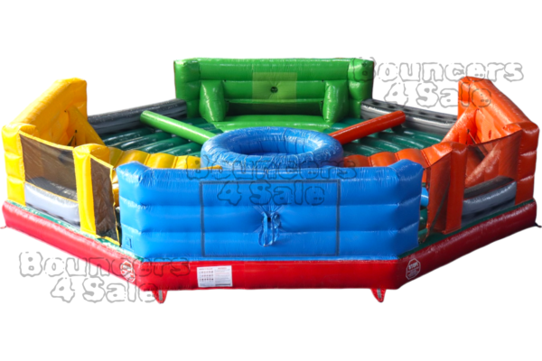 A large inflatable game with obstacles.