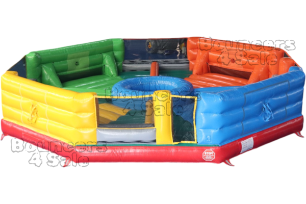 A colorful inflatable game with obstacles.