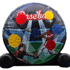 A baseball game inflatable with three balls.