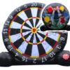 A black and white target with a bunch of darts on it