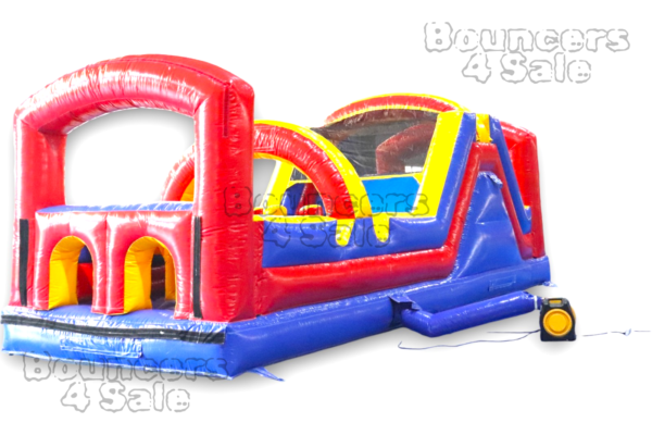 A large inflatable obstacle course with slides.