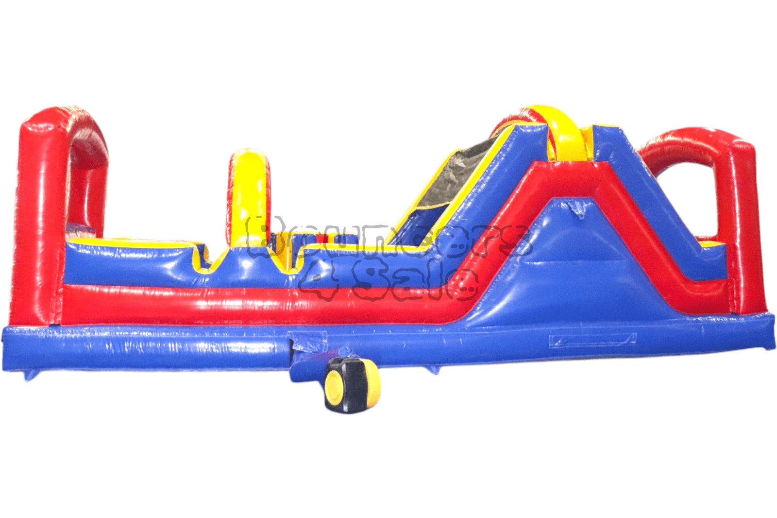 A blue, red and yellow inflatable obstacle course.