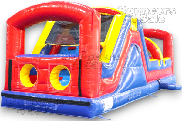 A red, yellow and blue inflatable obstacle course.