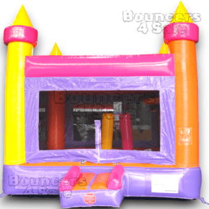 A pink and yellow inflatable castle with a slide.