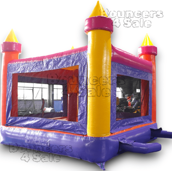 A purple and yellow inflatable castle with windows.