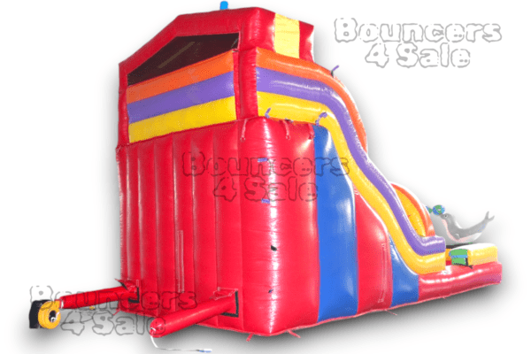 A red and yellow inflatable slide with a black handle.