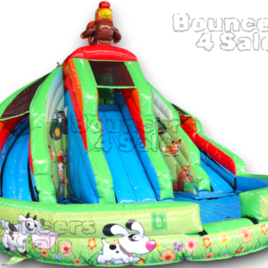 A large inflatable slide with animals and flowers.