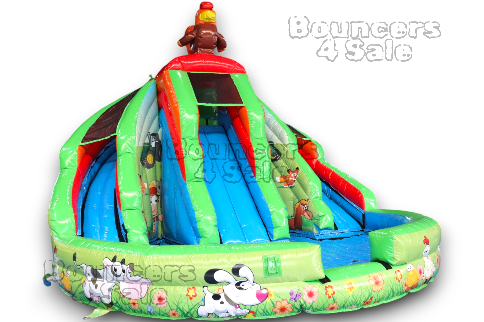 A large inflatable slide with animals and flowers.