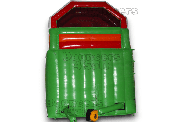 A green and red inflatable garbage truck.