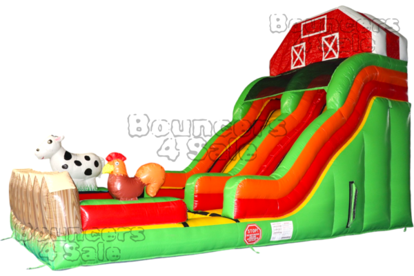 A large inflatable slide with animals on it.