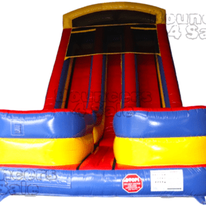 A red and blue slide with yellow accents.