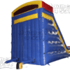A blue and yellow inflatable slide with a red top.