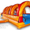 A long inflatable slide with red and yellow arches.