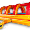 A yellow and red inflatable slide with two slides.