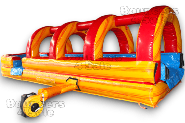 A yellow and red inflatable slide with two slides.