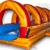 A yellow and red inflatable slide with blue seats.