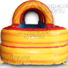 A yellow and red inflatable bouncer with a blue handle.