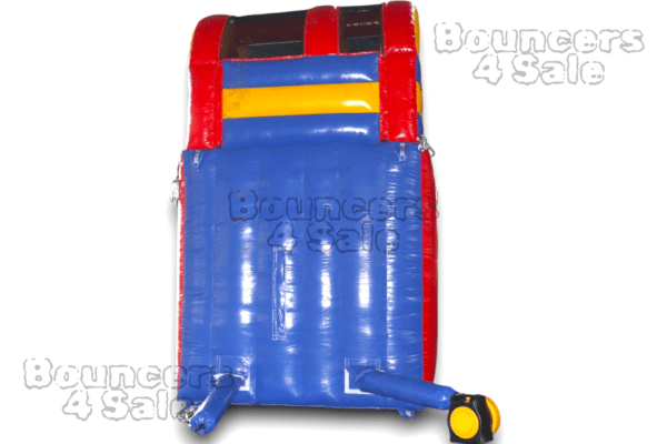 A blue and red inflatable slide with yellow accents.