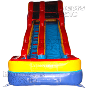 A large inflatable slide with obstacles.