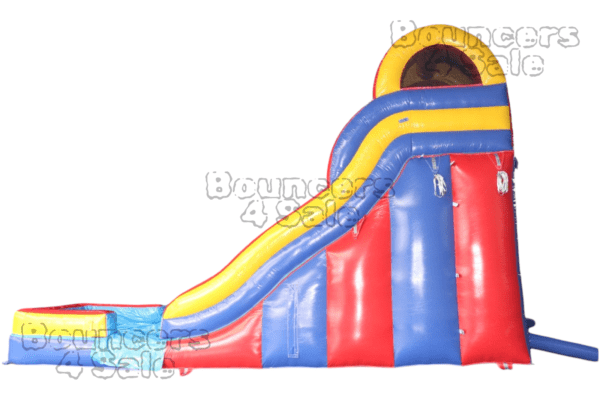 A large inflatable slide with a pool.