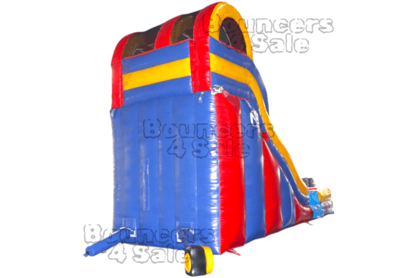 A blue, red and yellow inflatable slide.