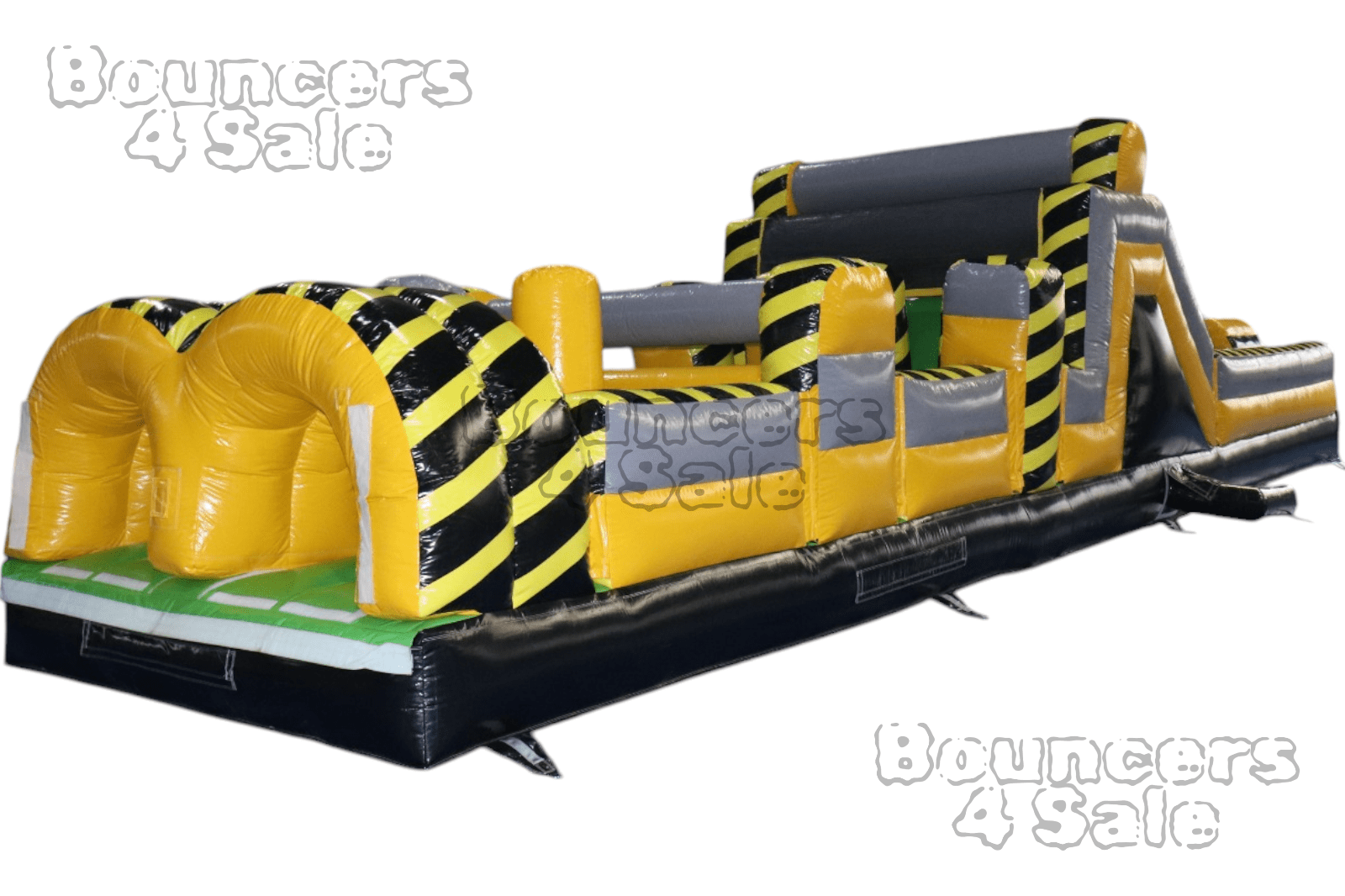 A black and yellow obstacle course with obstacles.