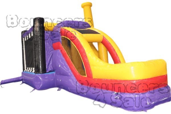 A purple and yellow inflatable slide with a black tower.