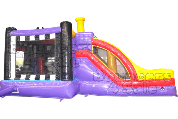 A purple and yellow inflatable slide with obstacles.