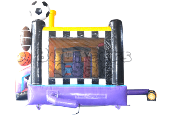 A purple and black inflatable with a soccer ball on it.