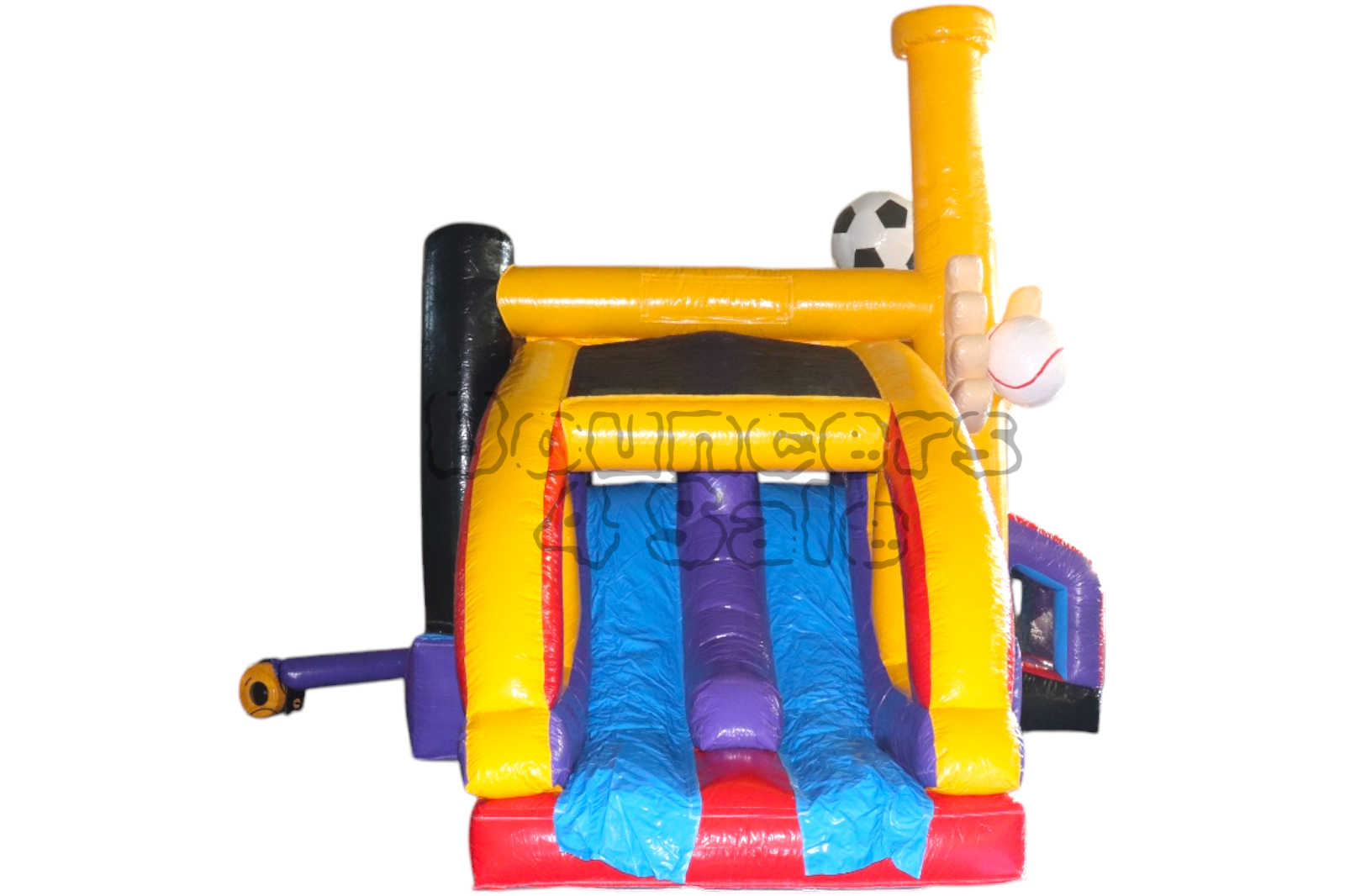 A yellow and blue inflatable slide with soccer balls.