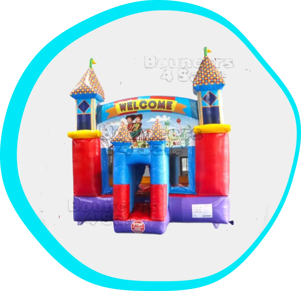 A blue and red inflatable castle with a man in the middle of it.