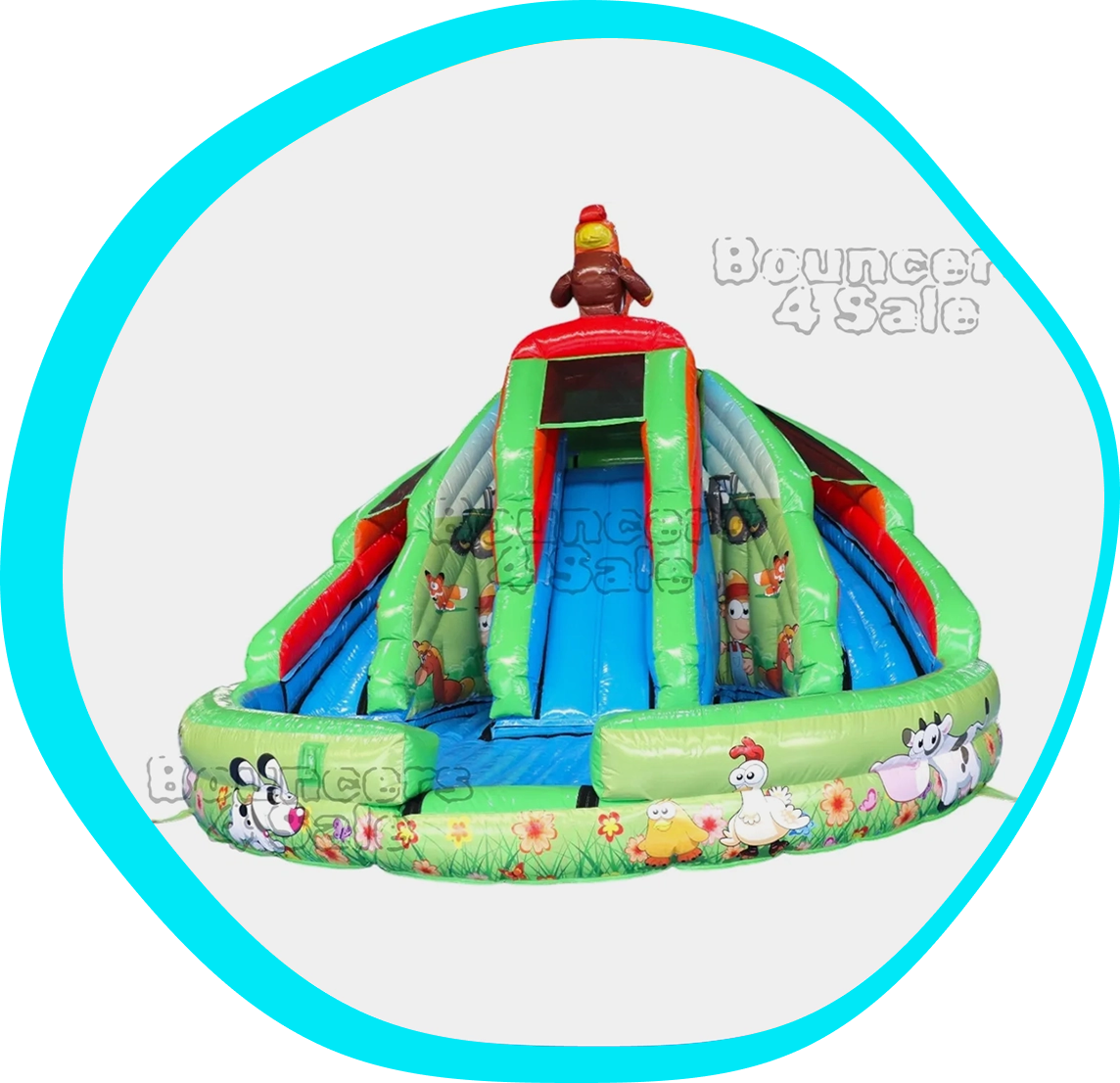 A large inflatable slide with animals on it.