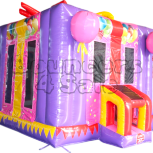 A pink and purple inflatable party house.