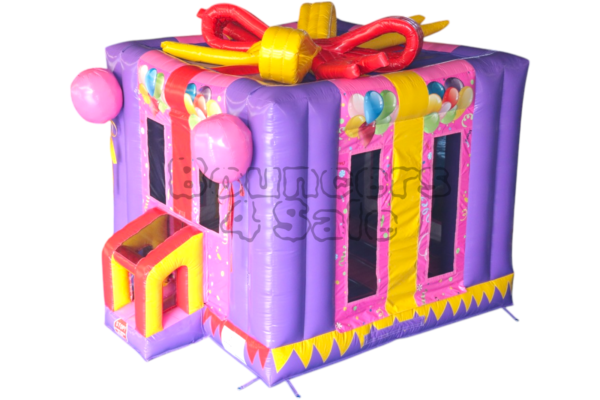 A pink and purple inflatable present with bow.