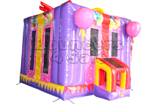 A pink and purple inflatable party house.