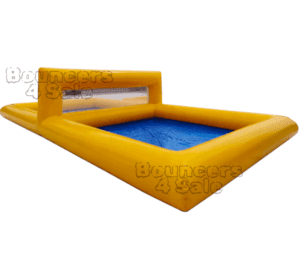 A yellow inflatable pool with blue water and a net.