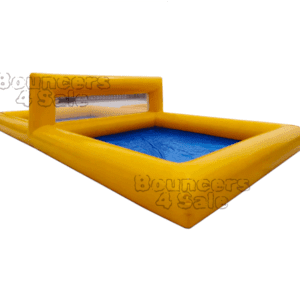 A yellow inflatable pool with blue water and a net.