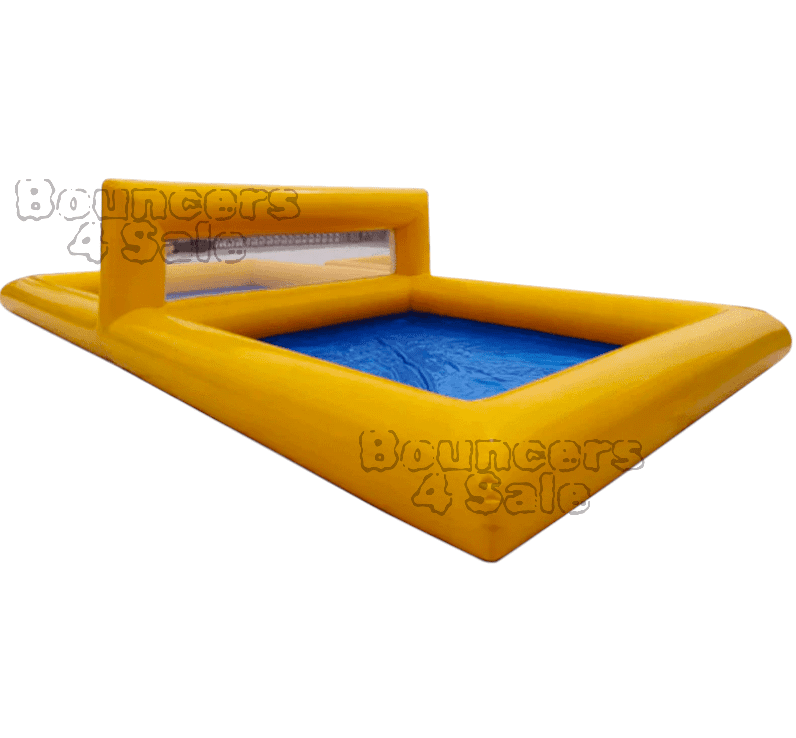 A yellow inflatable pool with blue water and a net.